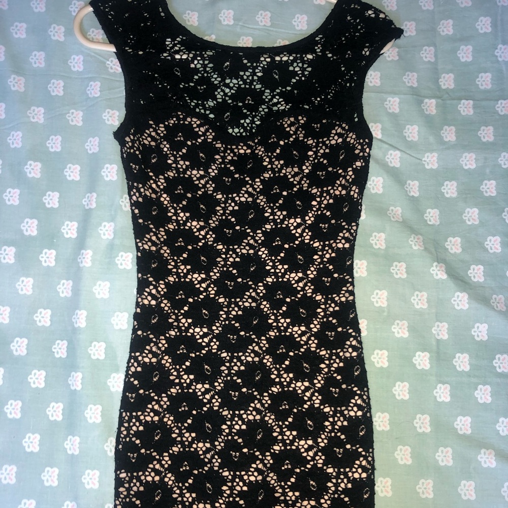 Bodycon black and blush lace dress